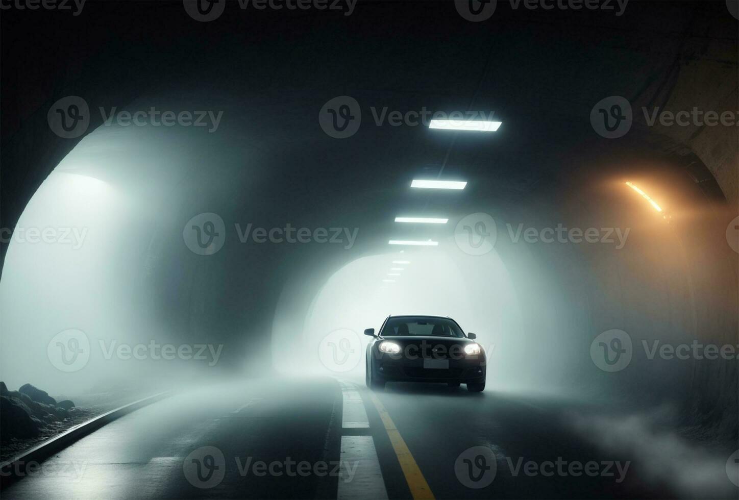 AI generated Red sport car in a tunnel with red lights and smoke on the road photo