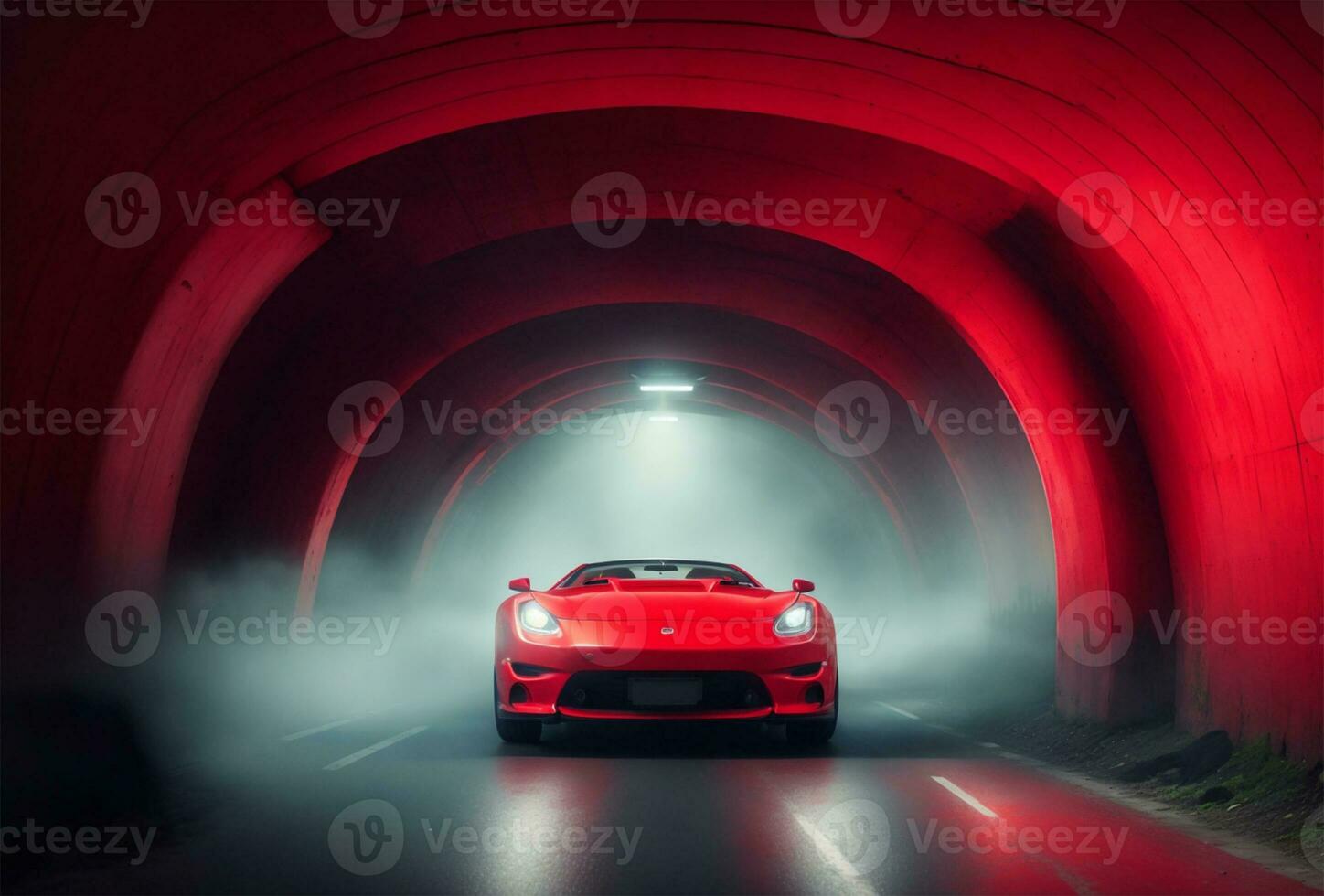 AI generated Red sport car in a tunnel with red lights and smoke on the road photo