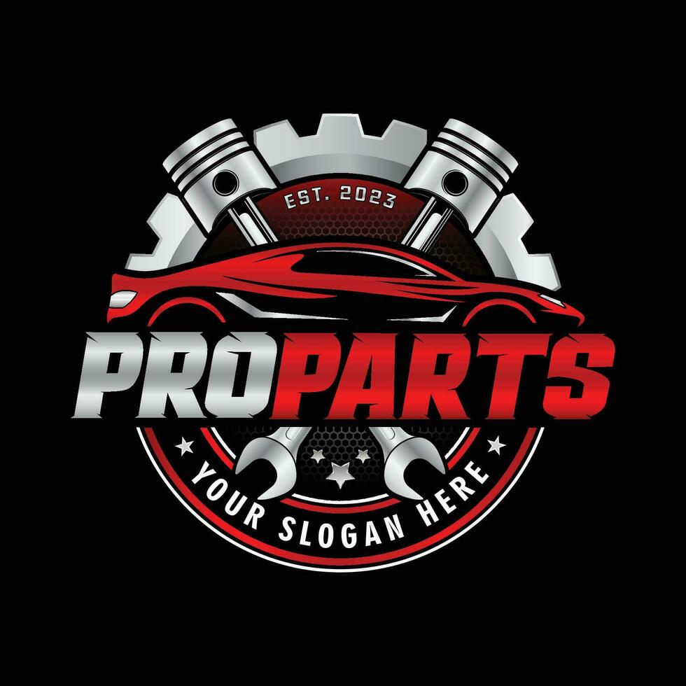 Auto parts vector logo template. Combination of automobile tools, wrench, pistons, and gear.