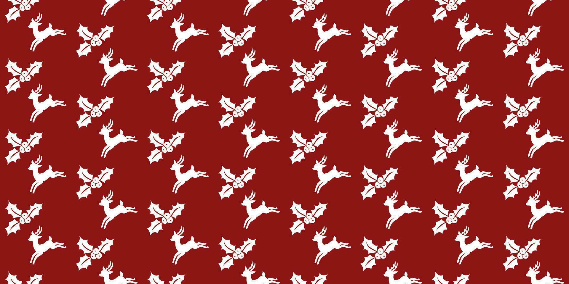 Red background with white Christmas and New Year symbols. Seamless Christmas and New Year pattern with reindeer, holly berries. For wallpaper, fabric, wrapping paper for gifts. Vector illustration.