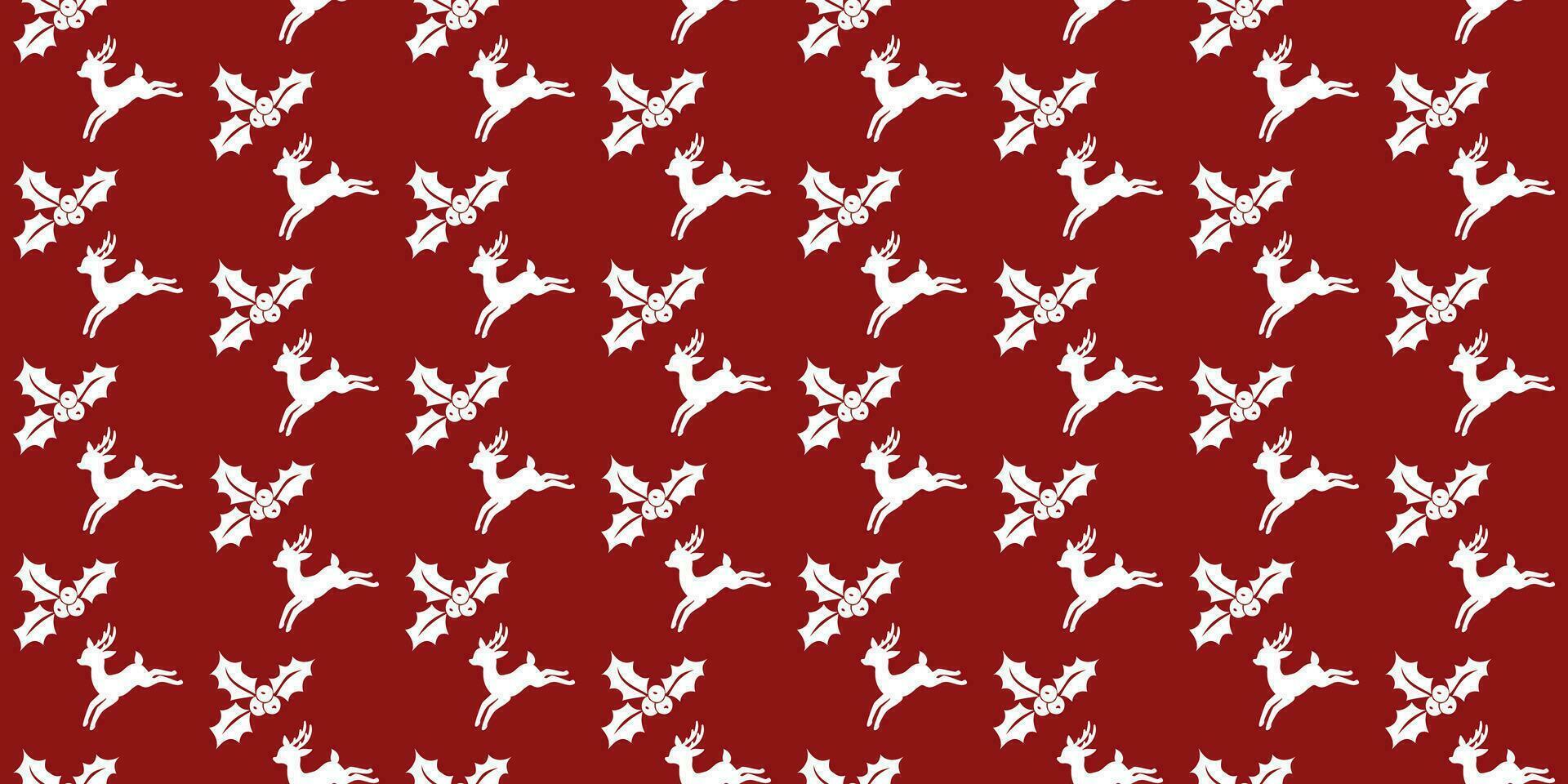 Red background with white Christmas and New Year symbols. Seamless Christmas and New Year pattern with reindeer, holly berries. For wallpaper, fabric, wrapping paper for gifts. Vector illustration.