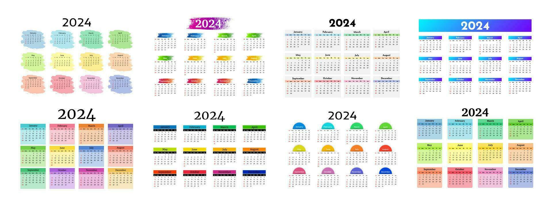 Set of six calendars for 2024 isolated on a white background. Sunday to Monday, business template. Vector illustration