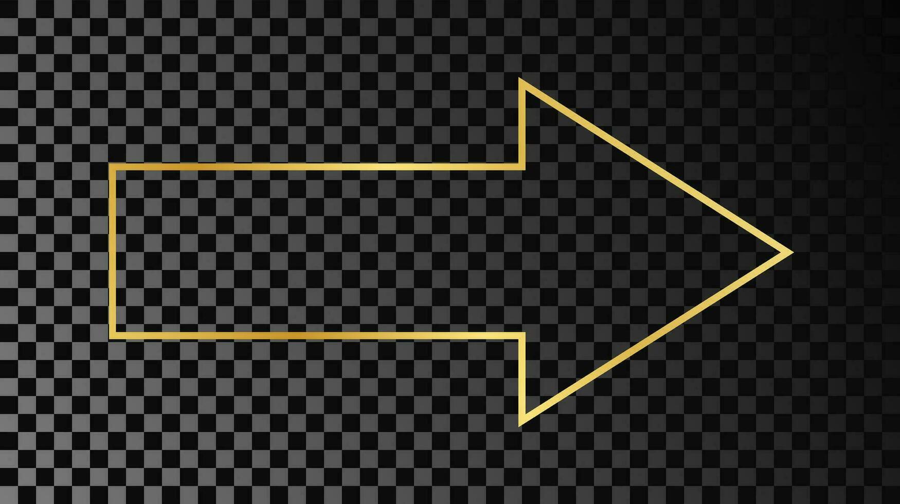 Gold glowing arrow shape frame isolated on dark background. Shiny frame with glowing effects. Vector illustration.