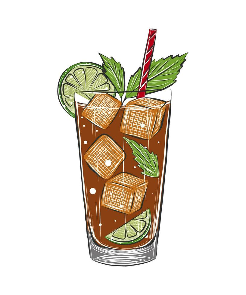 Vector engraved style Cuba Libre alcoholic cocktail with ice cubes, splashes illustration for posters, decoration, menu and logo. Hand drawn sketch of drink, beverage isolated on white background.