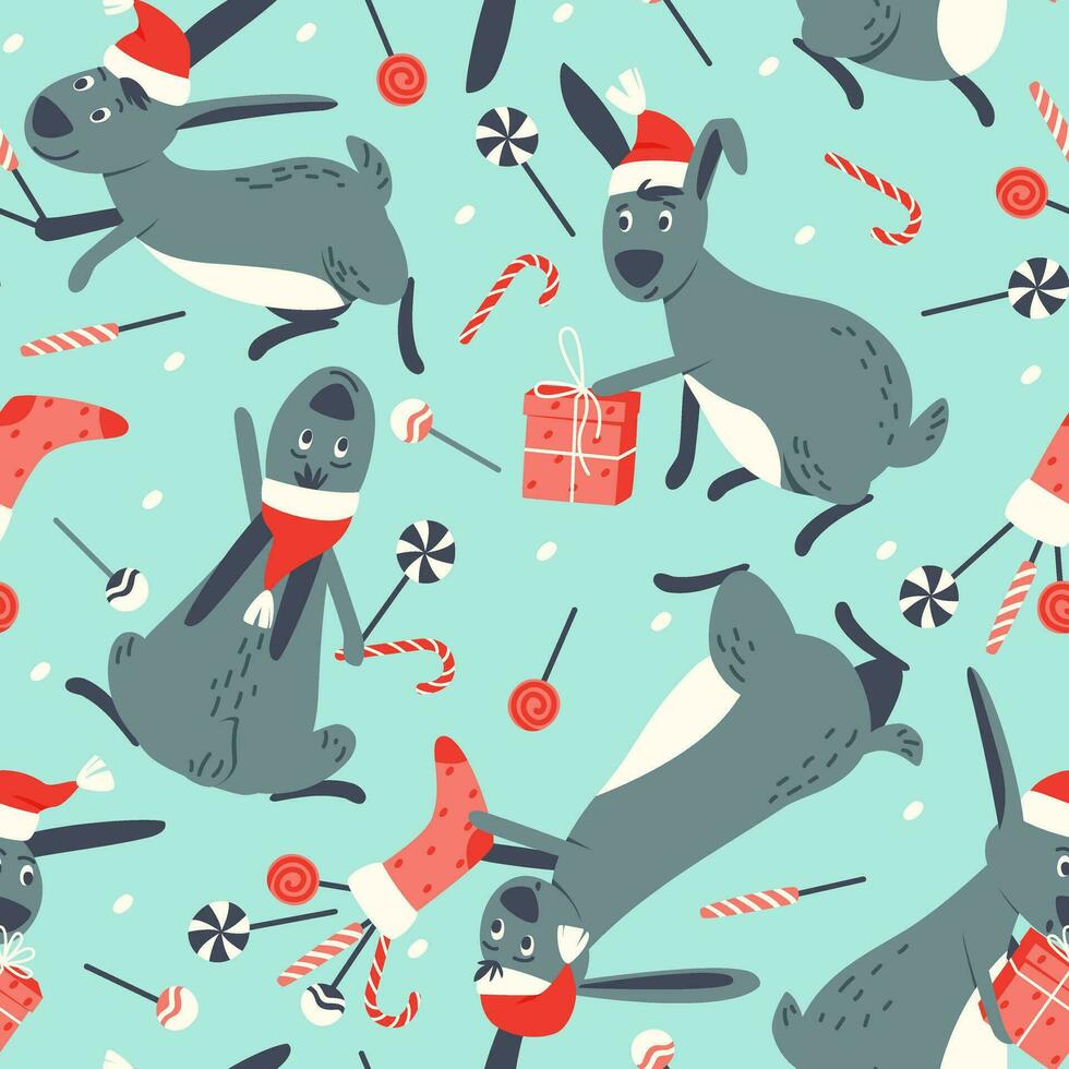 Seamless pattern of cute bunnies with candies, stockings and gifts vector