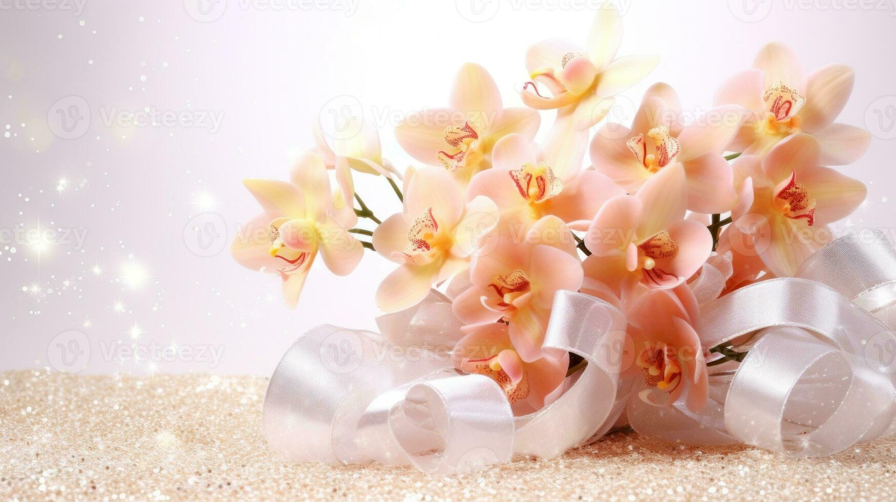 AI generated Peach orchids bouquet with ribbon bow on light background with bokeh. Banner with copy space. Perfect for poster, greeting card, event invitation, promotion, advertising, print photo
