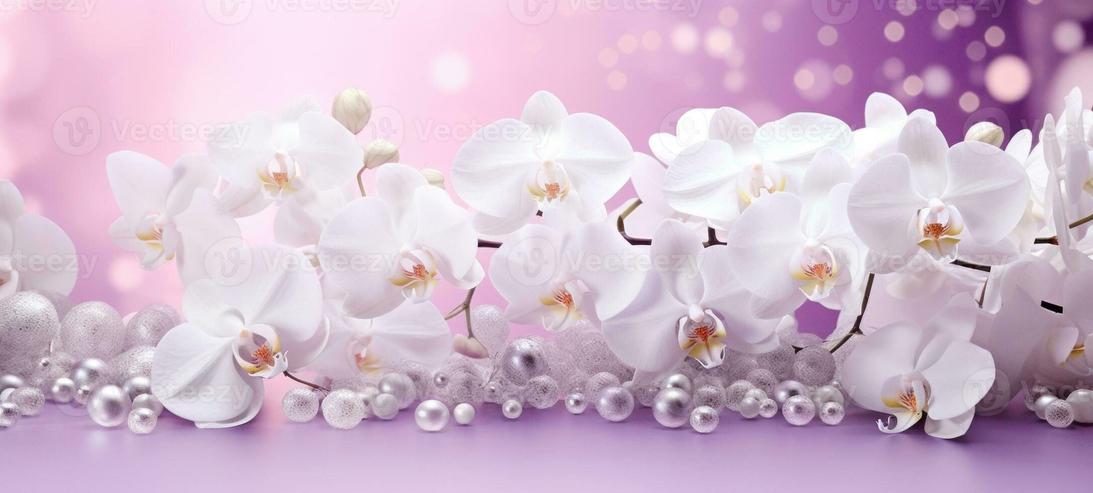 AI generated White orchids bouquet on light purple background with glitter and bokeh. Banner with copy space. Perfect for poster, greeting card, event invitation, promotion, advertising, print, photo
