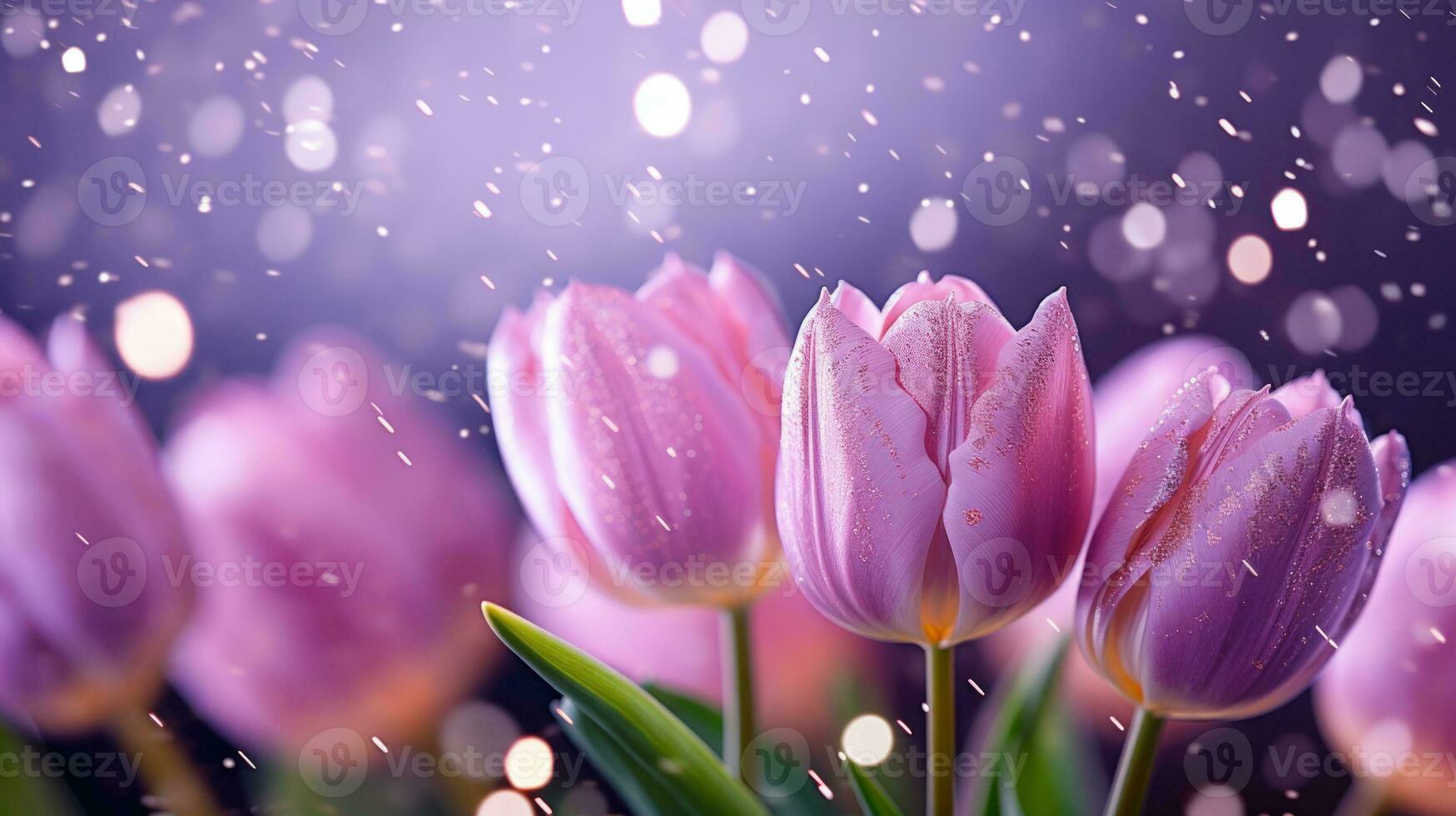 AI generated Purple tulips bouquet on light purple background with bokeh. Banner with copy space. Perfect for poster, greeting card, event invitation, promotion, advertising, print, elegant design photo