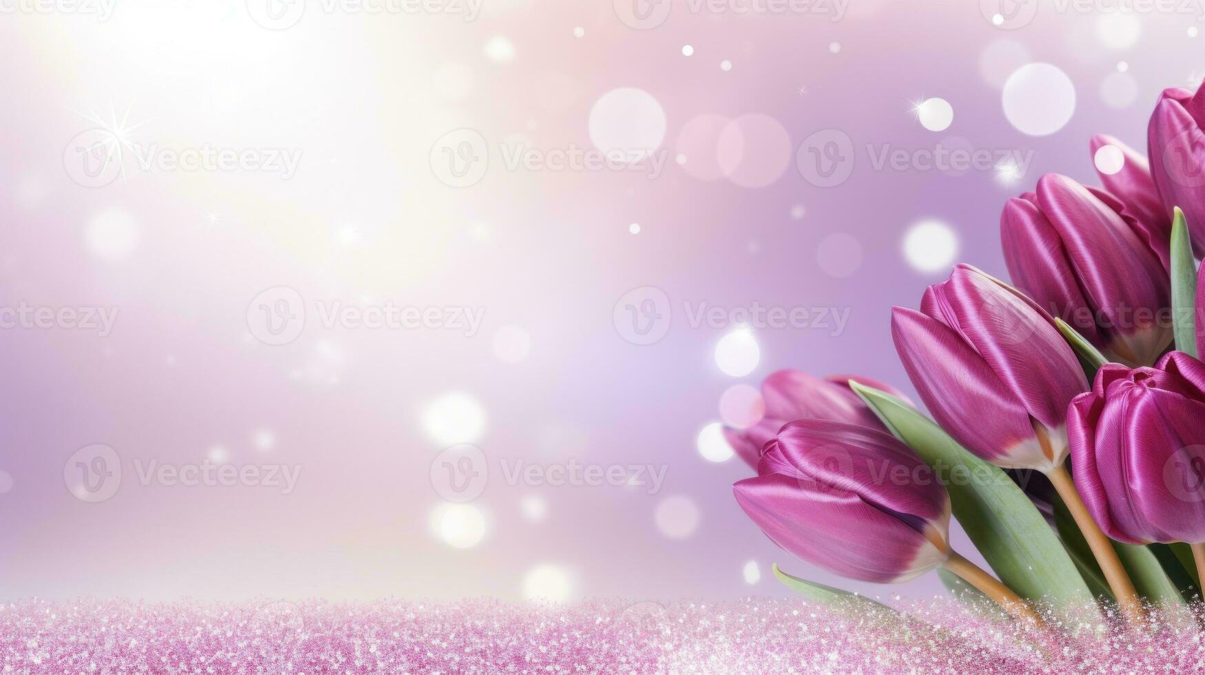 AI generated Purple tulips bouquet on light purple background with bokeh. Banner with copy space. Perfect for poster, greeting card, event invitation, promotion, advertising, print, elegant design photo