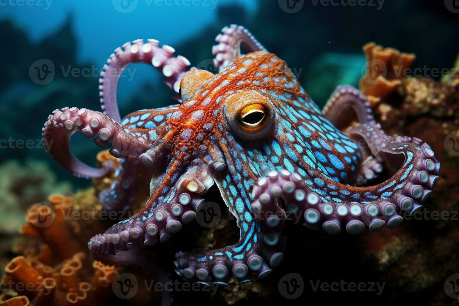 AI generated Octopus on the bottom of the sea. Close-up. photo