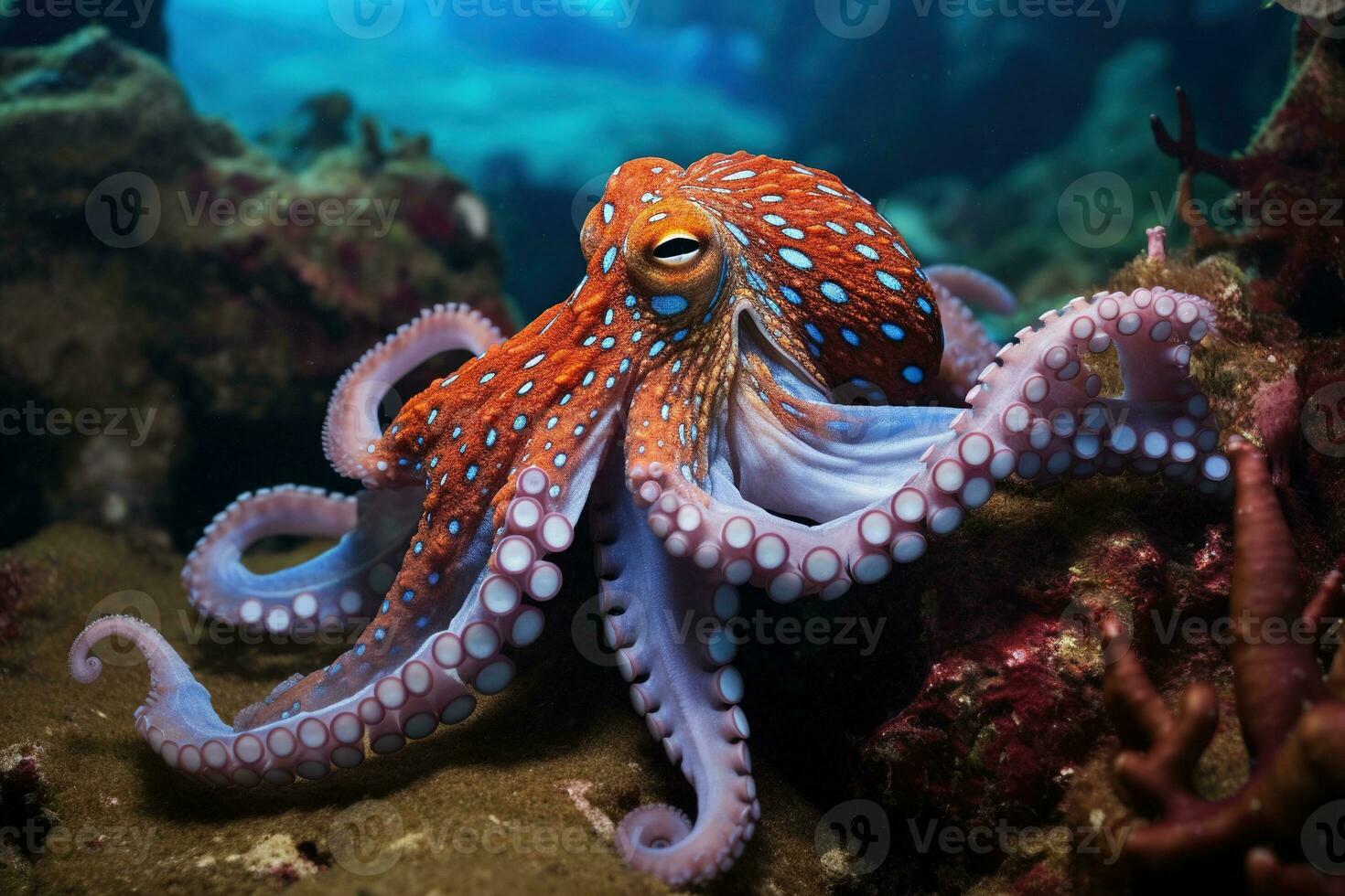 AI generated Octopus on the bottom of the sea. Close-up. photo