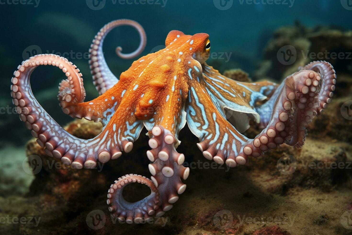 AI generated Octopus on the bottom of the sea. Close-up. photo