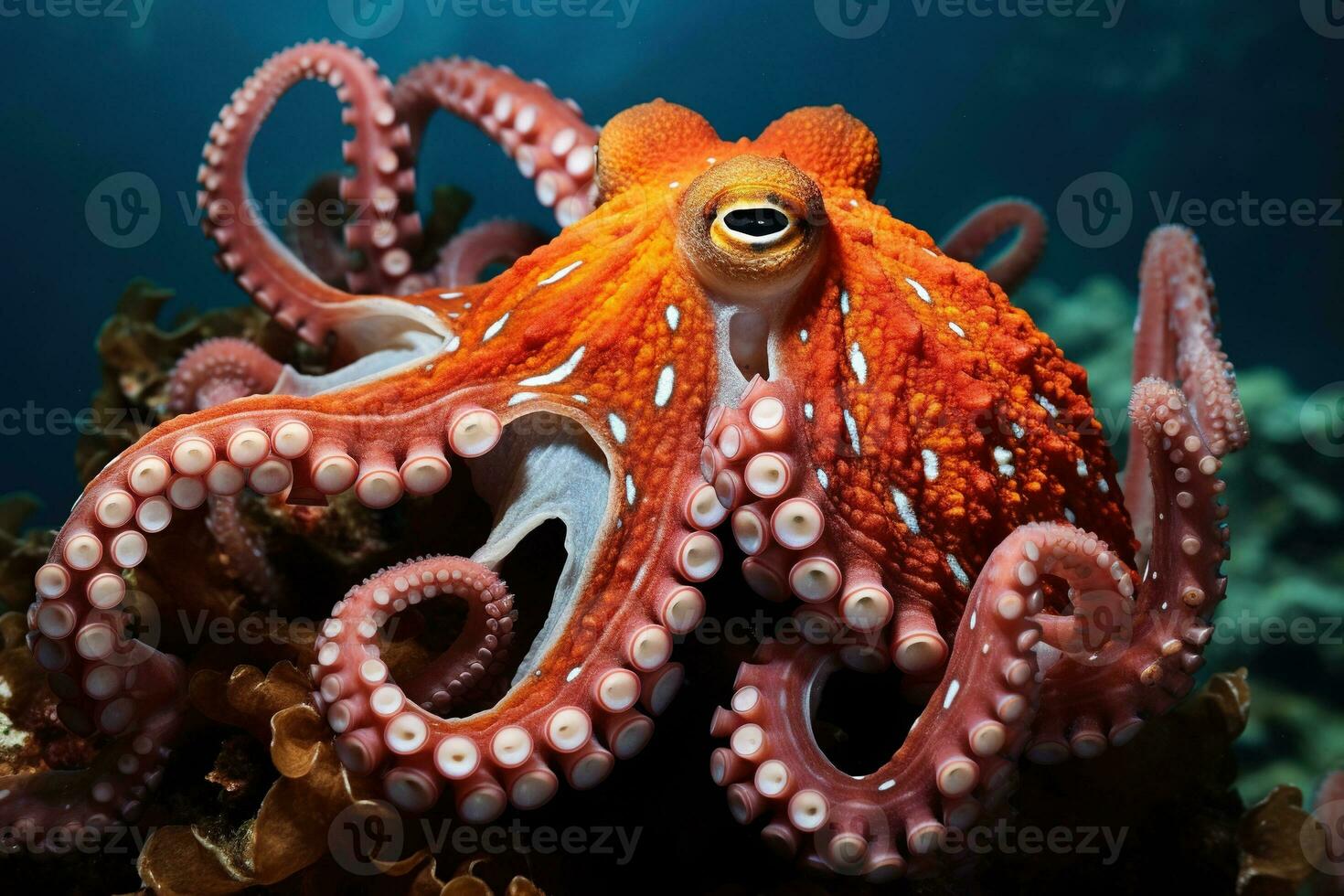 AI generated Octopus on the bottom of the sea. Close-up. photo