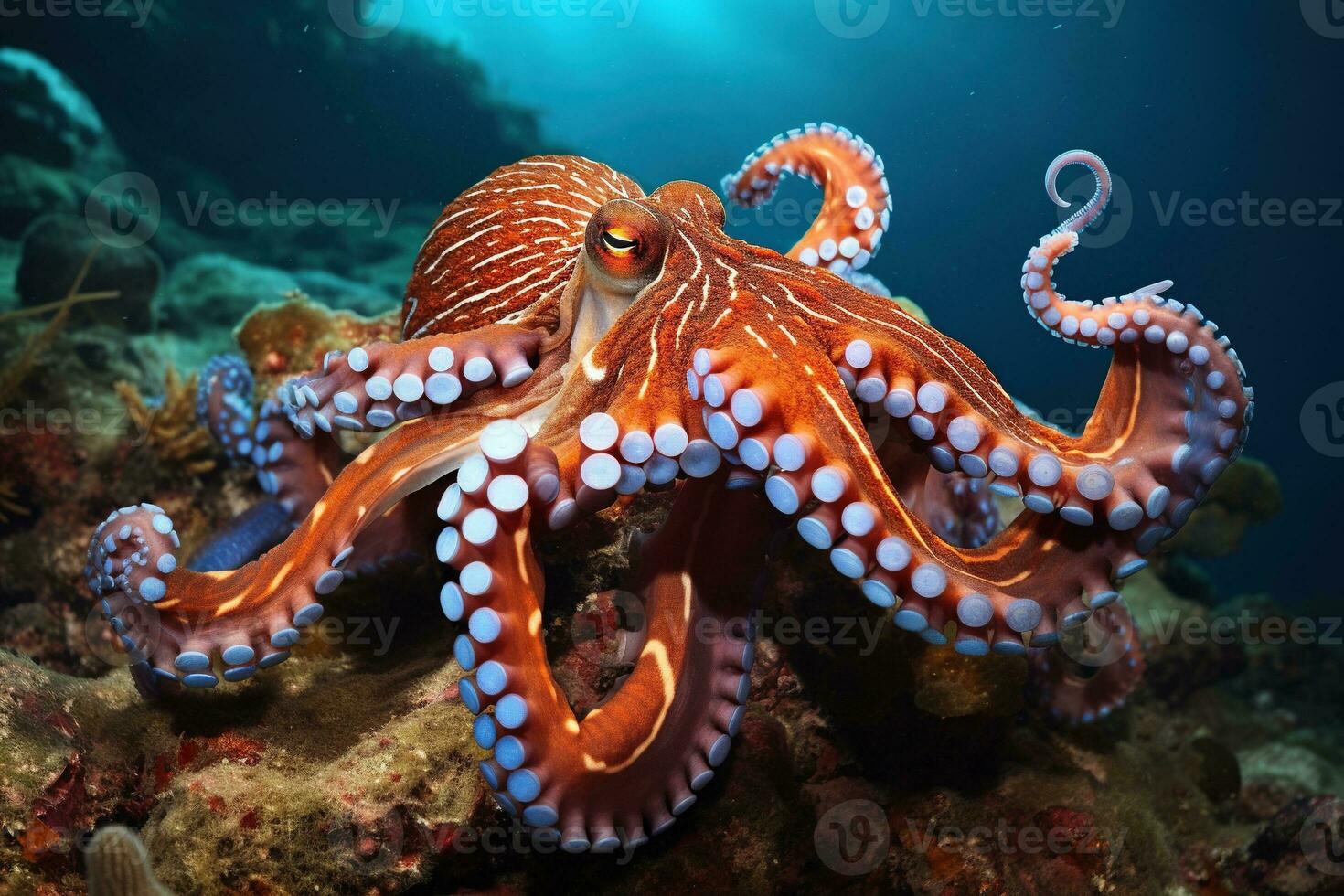AI generated Octopus on the bottom of the sea. Close-up. photo