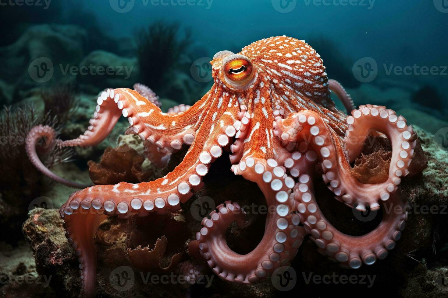 AI generated Octopus on the bottom of the sea. Close-up. photo