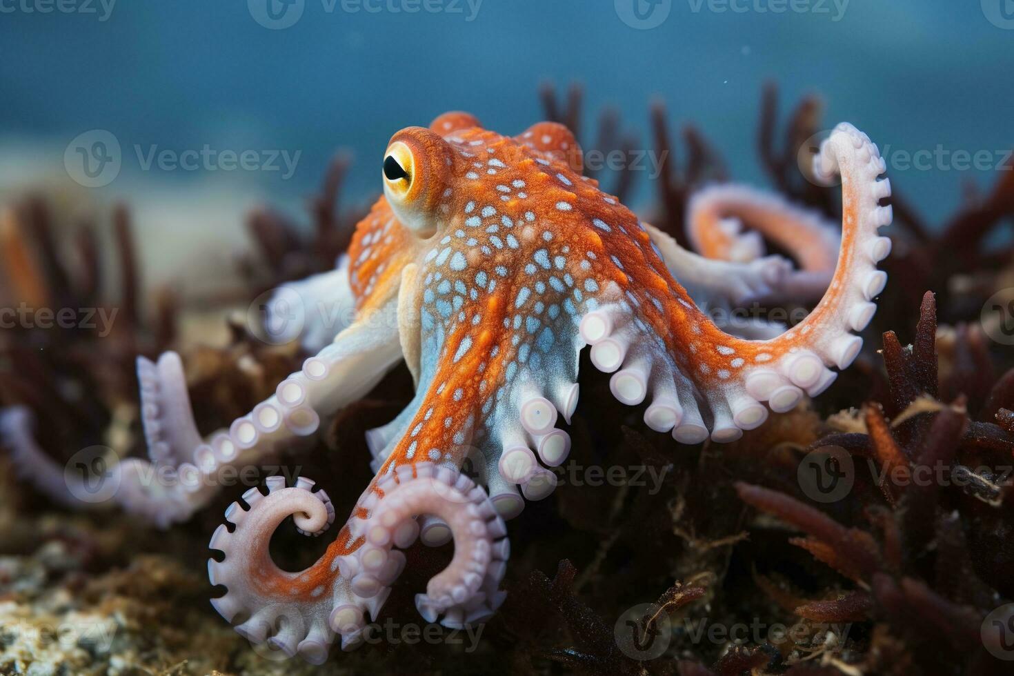 AI generated Octopus on the bottom of the sea. Close-up. photo