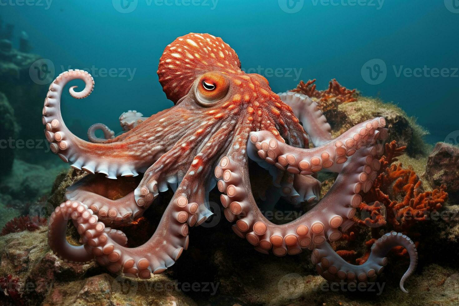 AI generated Octopus on the bottom of the sea. Close-up. photo