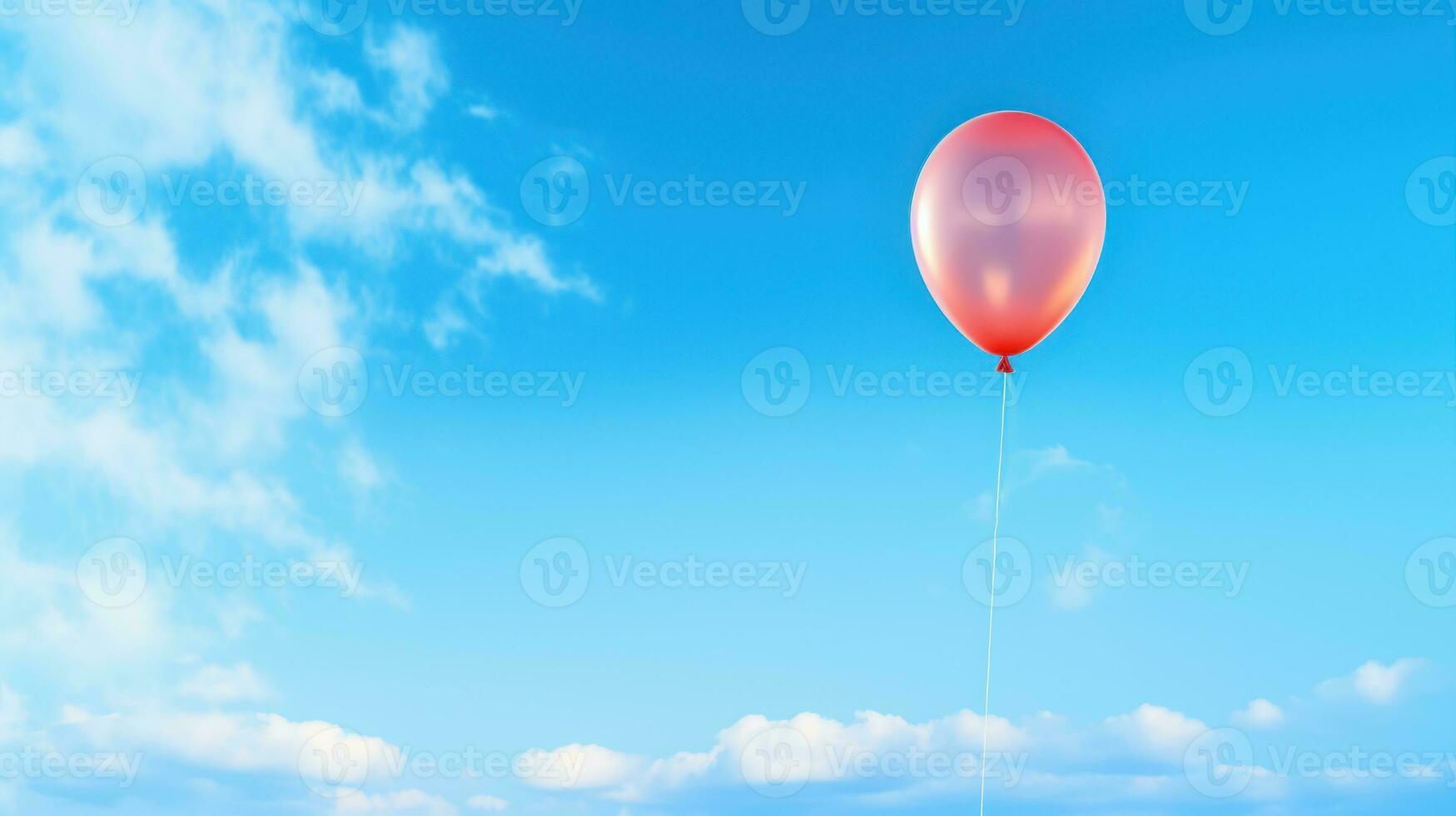 AI generated Red balloon floating in clear blue sky with fluffy white clouds, tethered by thin string. Can be used for birthday parties, celebrations, events, or as a background for invitations photo