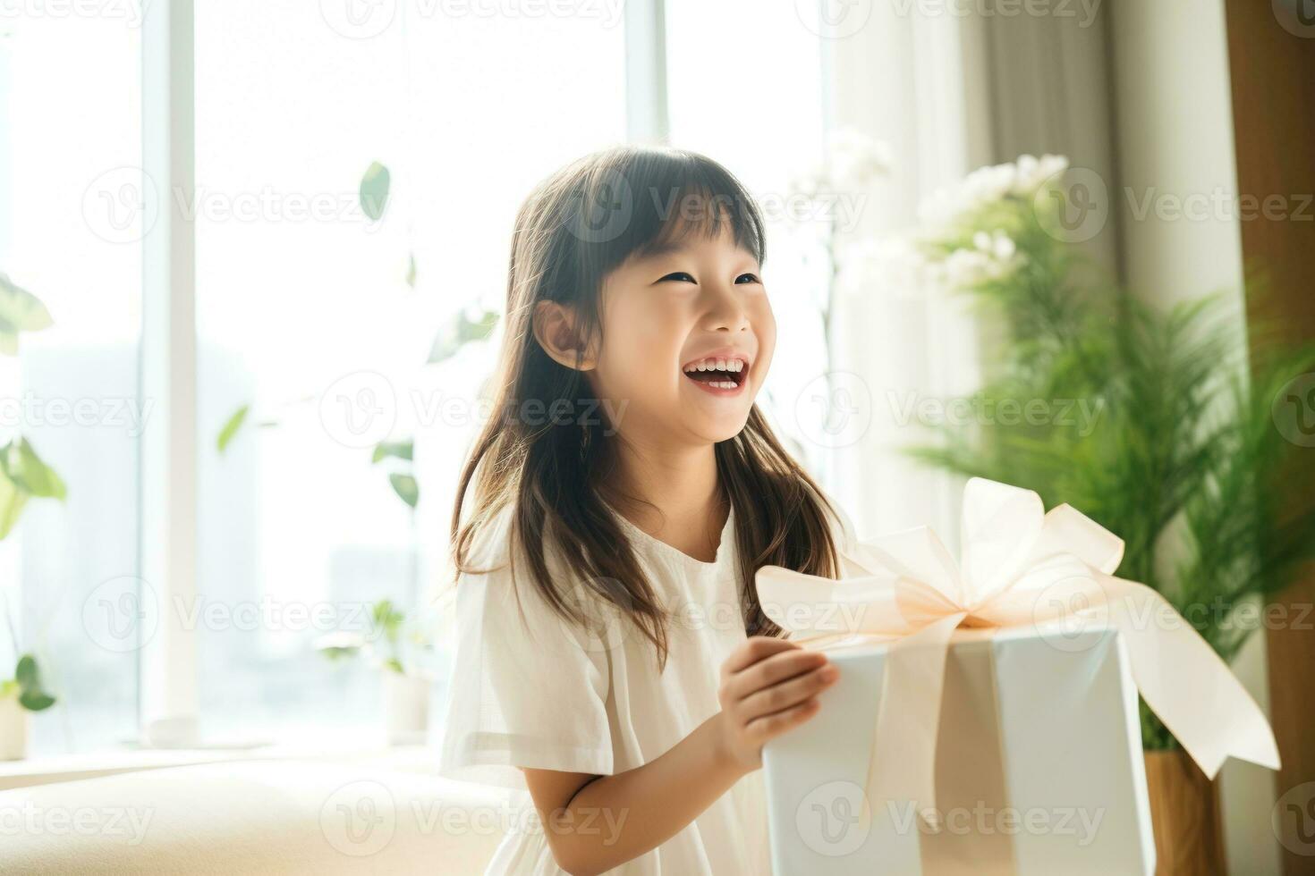 AI generated cute asian little girl holding  gift box in living room photo