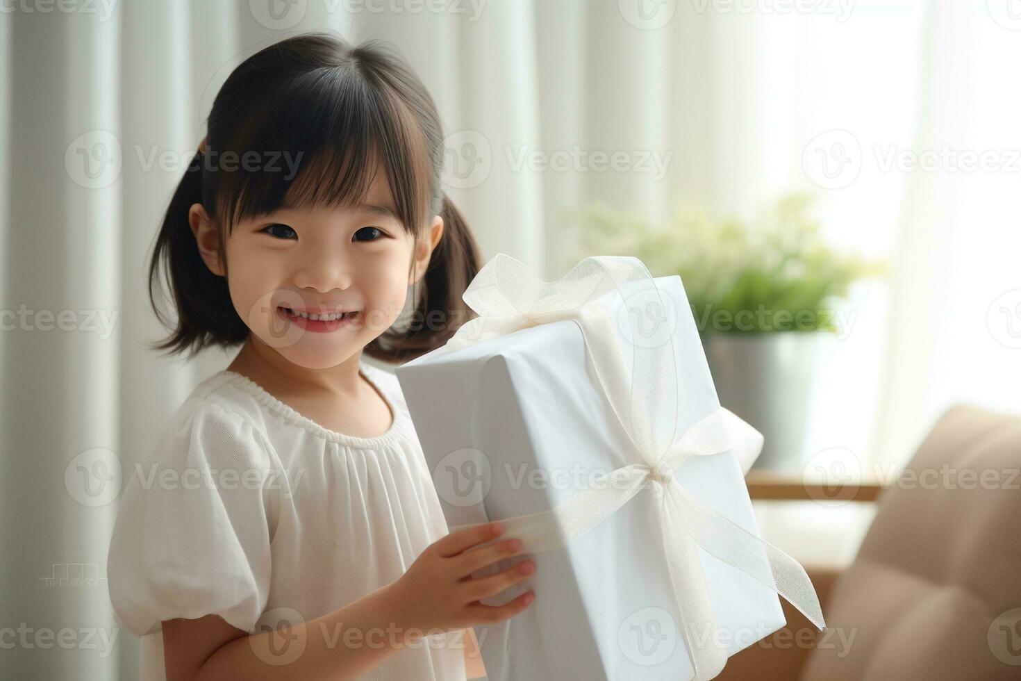ai generado linda asiático pequeño niña participación regalo caja en vivo habitación foto