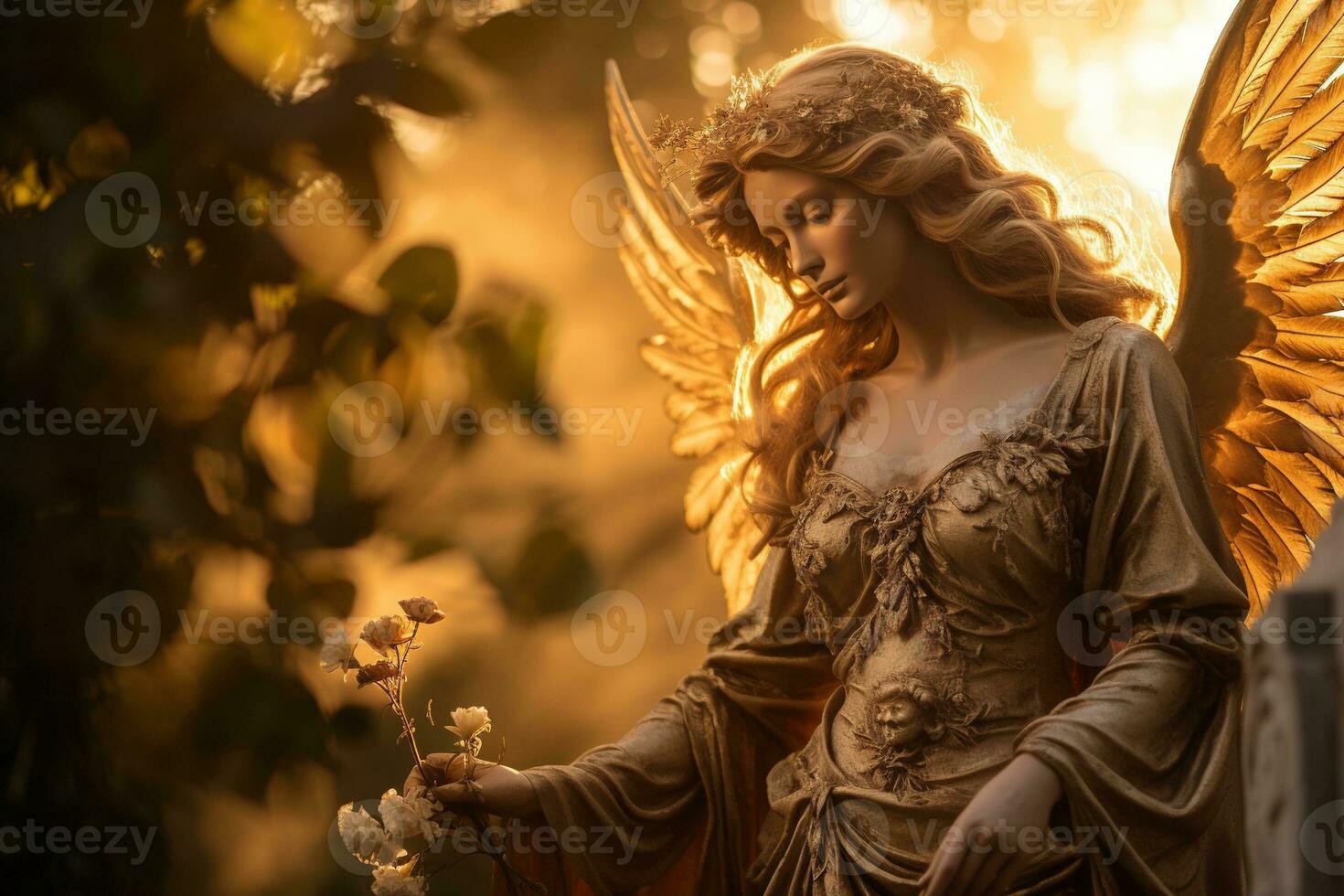 AI generated Golden angel statue in a cemetery in a sunny day photo
