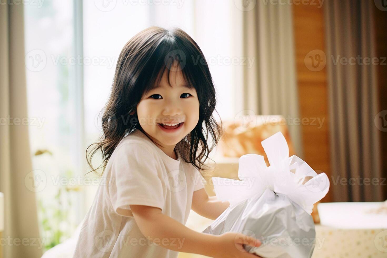 AI generated cute asian little girl holding  gift box in living room photo