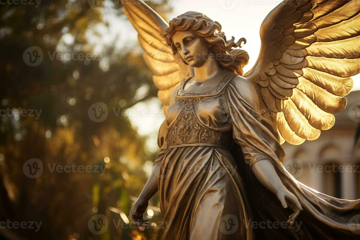 AI generated Golden angel statue in a cemetery in a sunny day photo