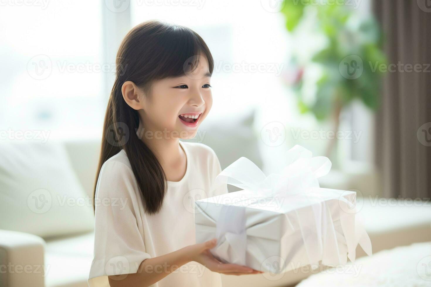 AI generated cute asian little girl holding  gift box in living room photo