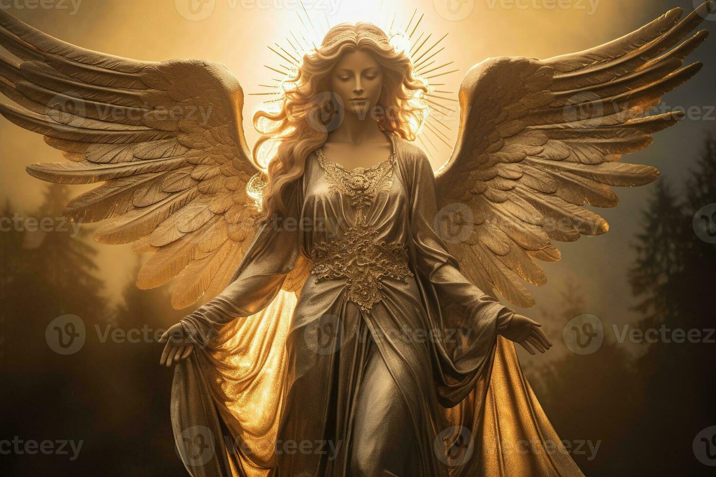 AI generated Golden angel statue in a cemetery in a sunny day photo