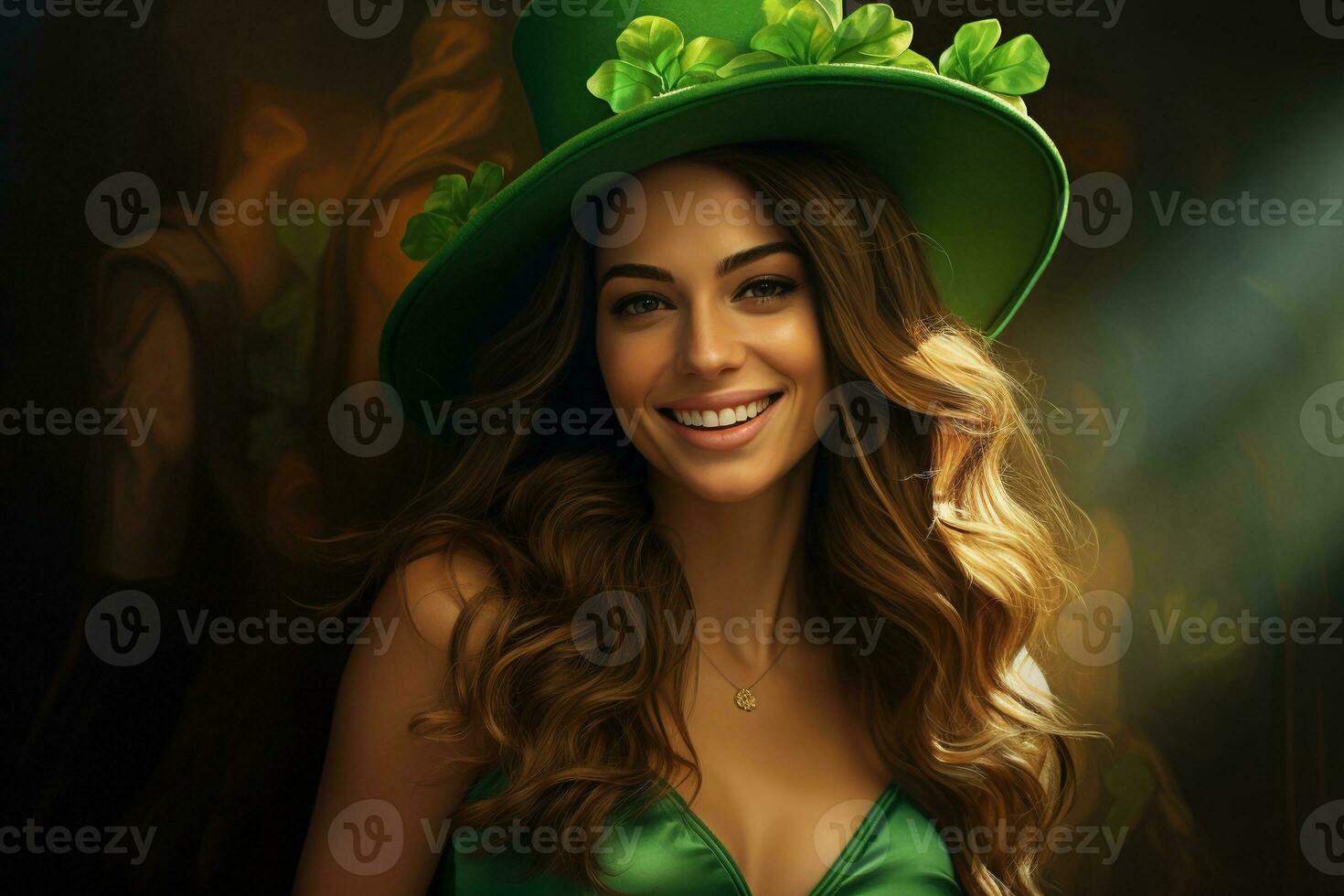 AI generated St. Patrick's Day. Portrait of a beautiful young woman wearing a leprechaun hat. photo