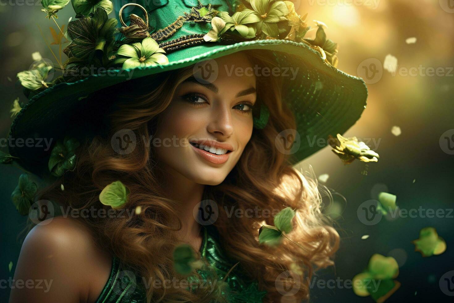 AI generated St. Patrick's Day. Portrait of a beautiful young woman wearing a leprechaun hat. photo