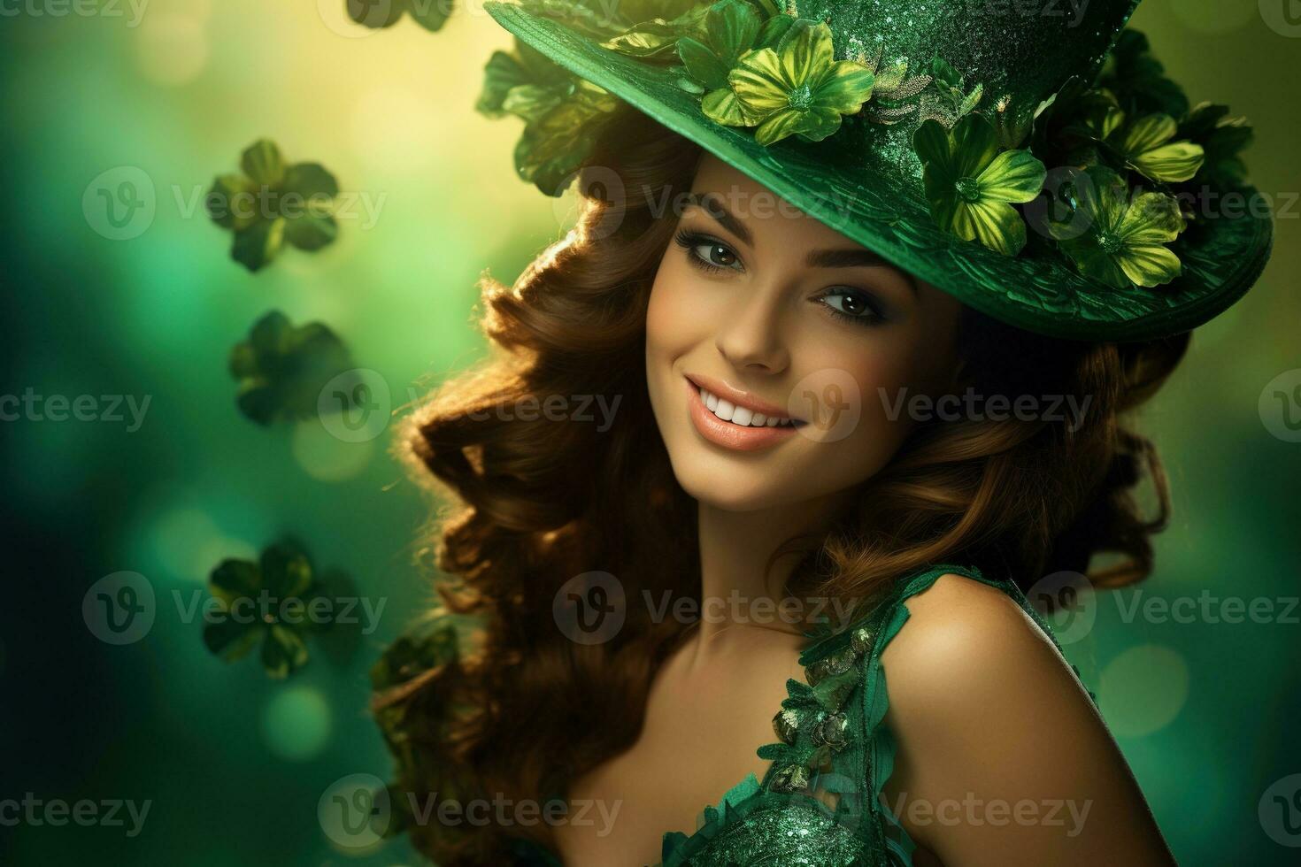 AI generated St. Patrick's Day. Portrait of a beautiful young woman wearing a leprechaun hat. photo