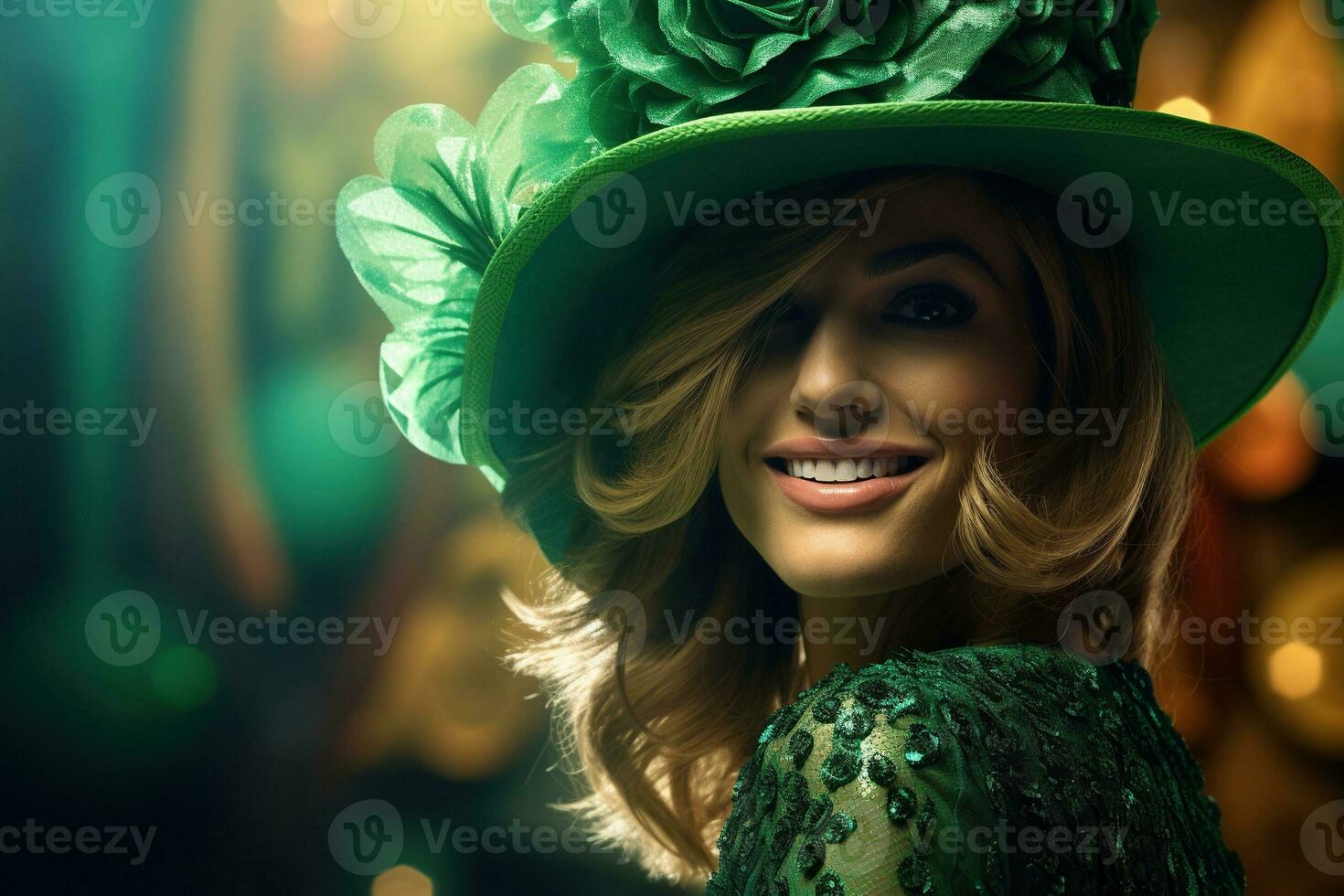 AI generated St. Patrick's Day. Portrait of a beautiful young woman wearing a leprechaun hat. photo