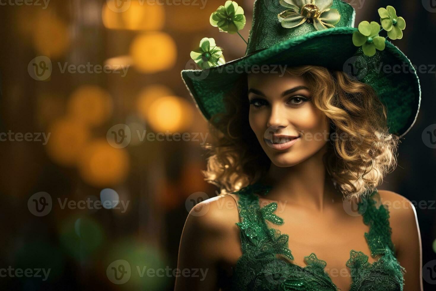 AI generated St. Patrick's Day. Portrait of a beautiful young woman wearing a leprechaun hat. photo