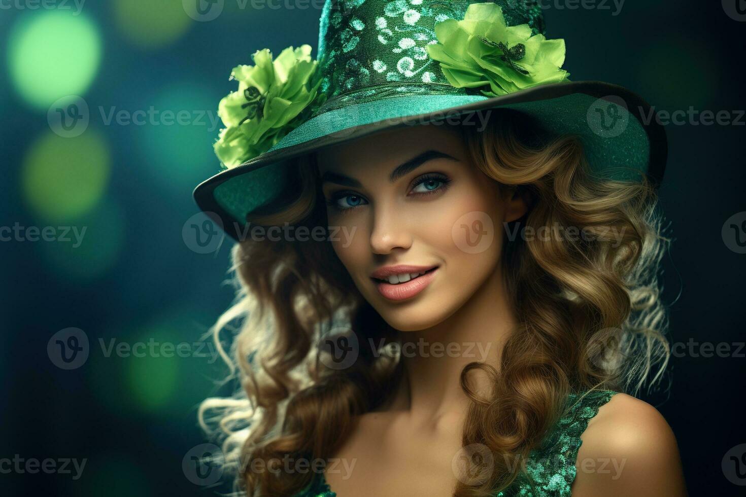 AI generated St. Patrick's Day. Portrait of a beautiful young woman wearing a leprechaun hat. photo