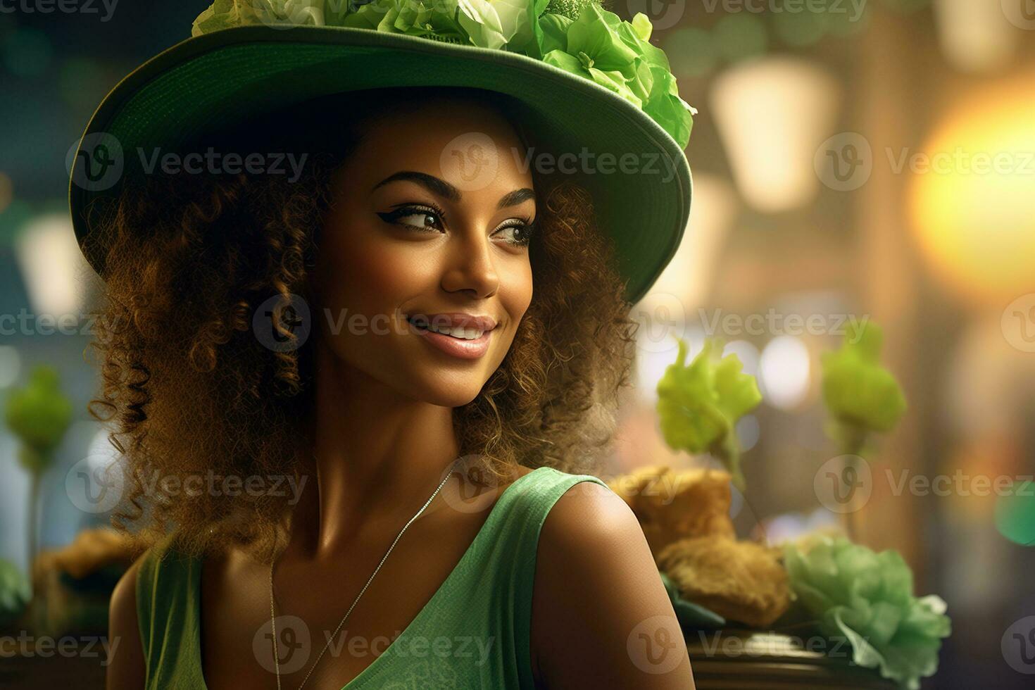 AI generated St. Patrick's Day. Portrait of a beautiful young woman wearing a leprechaun hat. photo