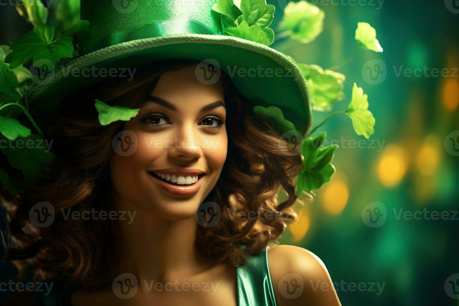 AI generated St. Patrick's Day. Portrait of a beautiful young woman wearing a leprechaun hat. photo