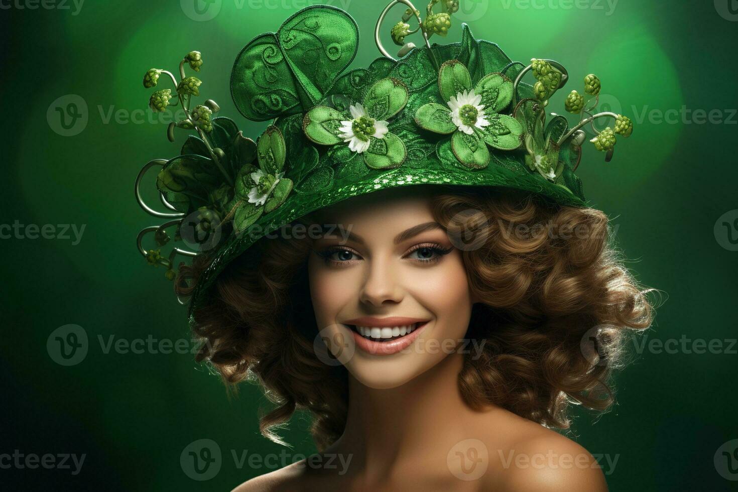 AI generated St. Patrick's Day. Portrait of a beautiful young woman wearing a leprechaun hat. photo