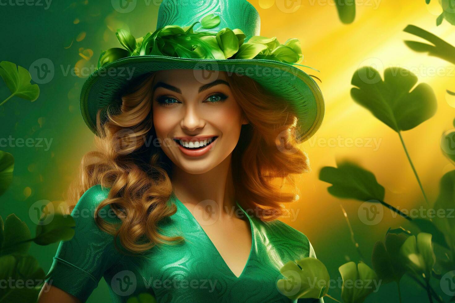 AI generated St. Patrick's Day. Portrait of a beautiful young woman wearing a leprechaun hat. photo