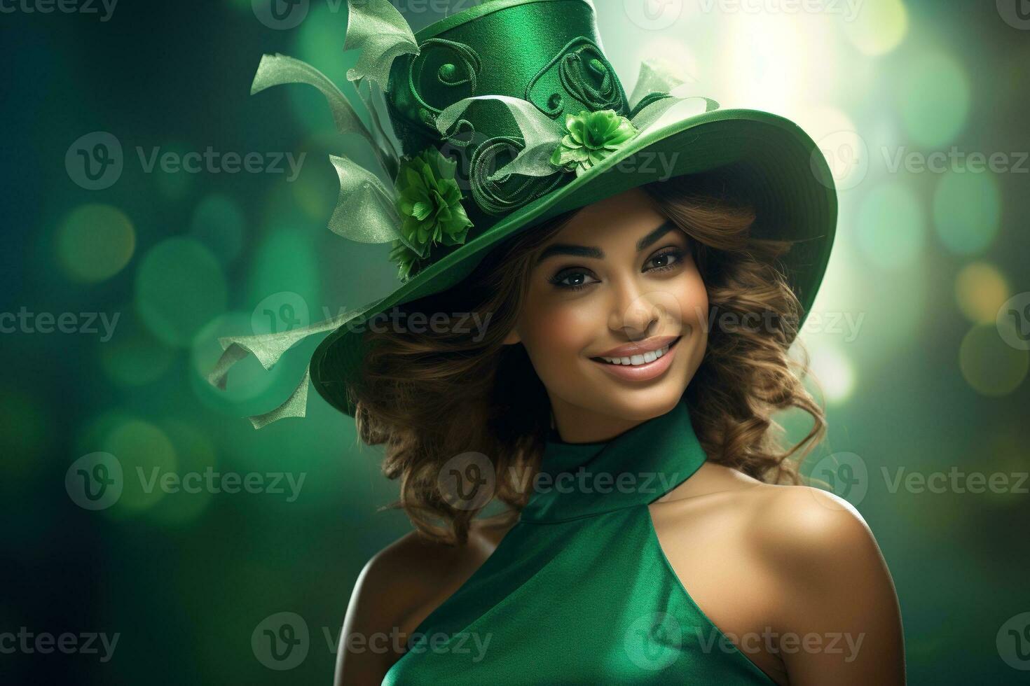 AI generated St. Patrick's Day. Portrait of a beautiful young woman wearing a leprechaun hat. photo