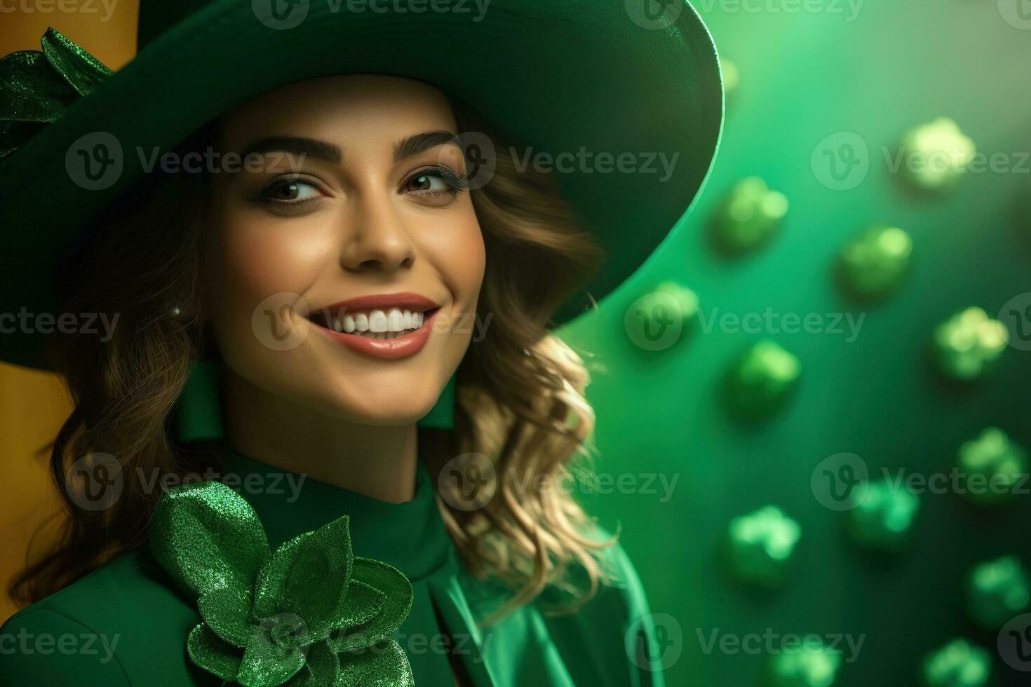 AI generated St. Patrick's Day. Portrait of a beautiful young woman wearing a leprechaun hat. photo