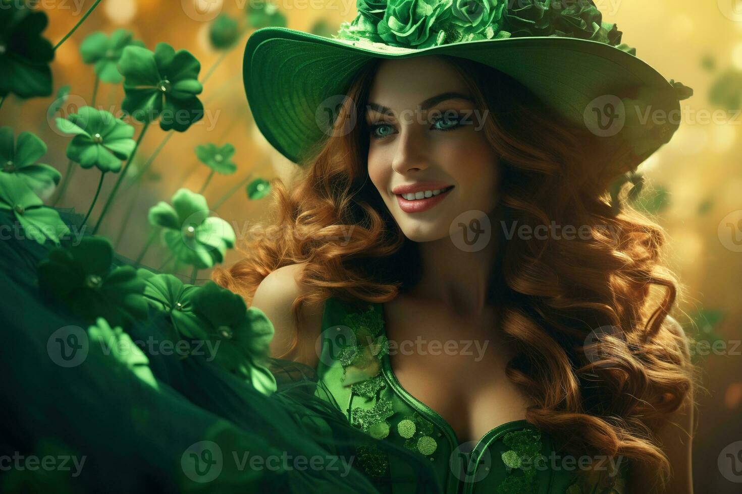 AI generated St. Patrick's Day. Portrait of a beautiful young woman wearing a leprechaun hat. photo