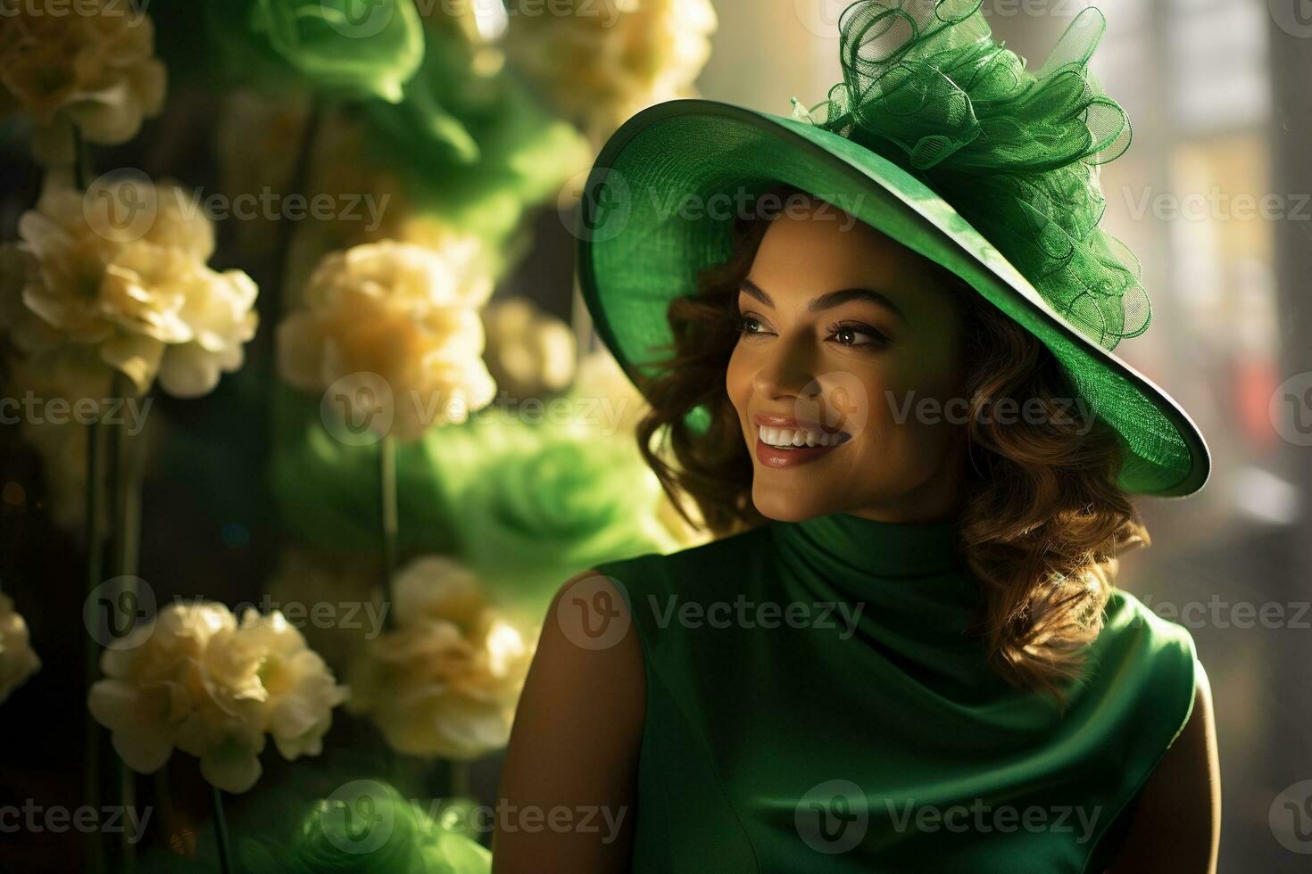 AI generated St. Patrick's Day. Portrait of a beautiful young woman wearing a leprechaun hat. photo