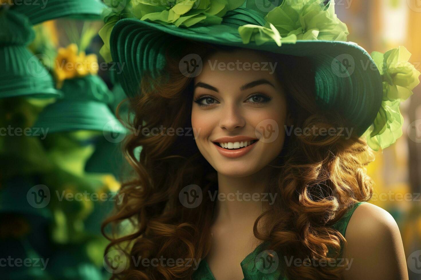 AI generated St. Patrick's Day. Portrait of a beautiful young woman wearing a leprechaun hat. photo