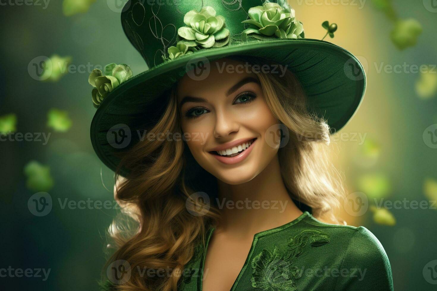 AI generated St. Patrick's Day. Portrait of a beautiful young woman wearing a leprechaun hat. photo