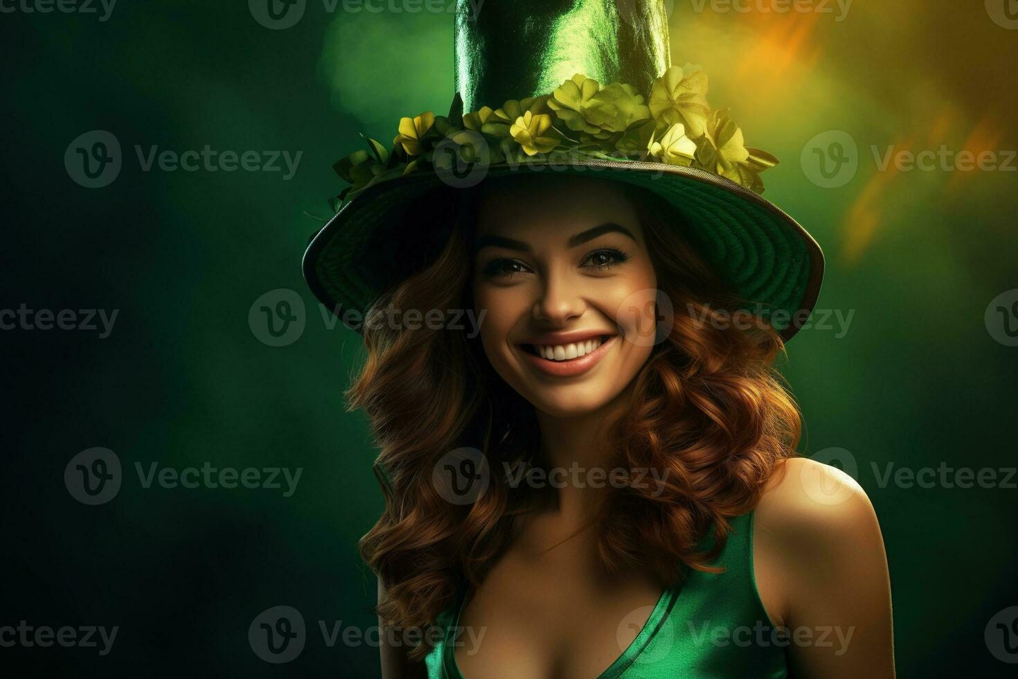 AI generated St. Patrick's Day. Portrait of a beautiful young woman wearing a leprechaun hat. photo