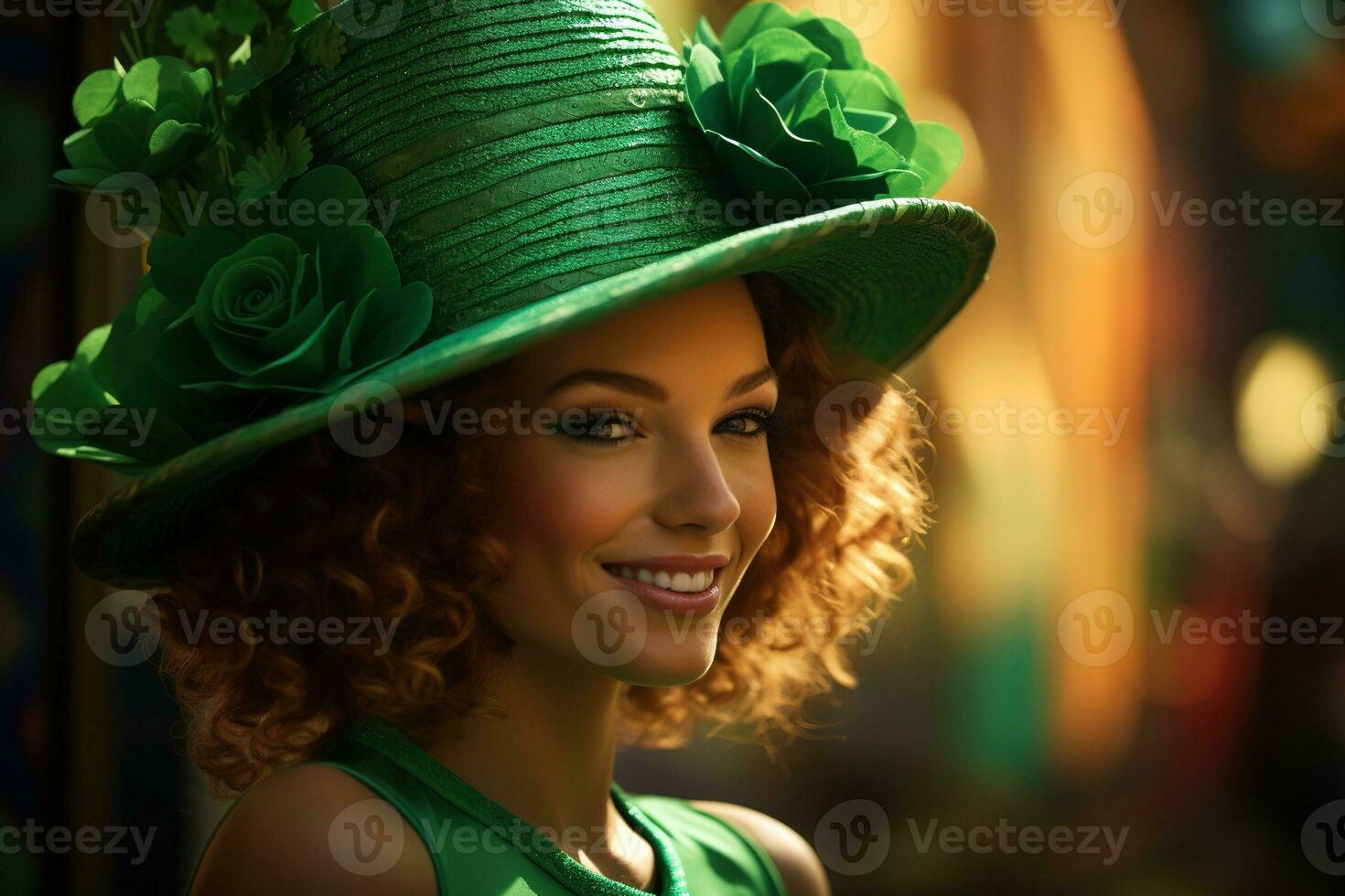 AI generated St. Patrick's Day. Portrait of a beautiful young woman wearing a leprechaun hat. photo