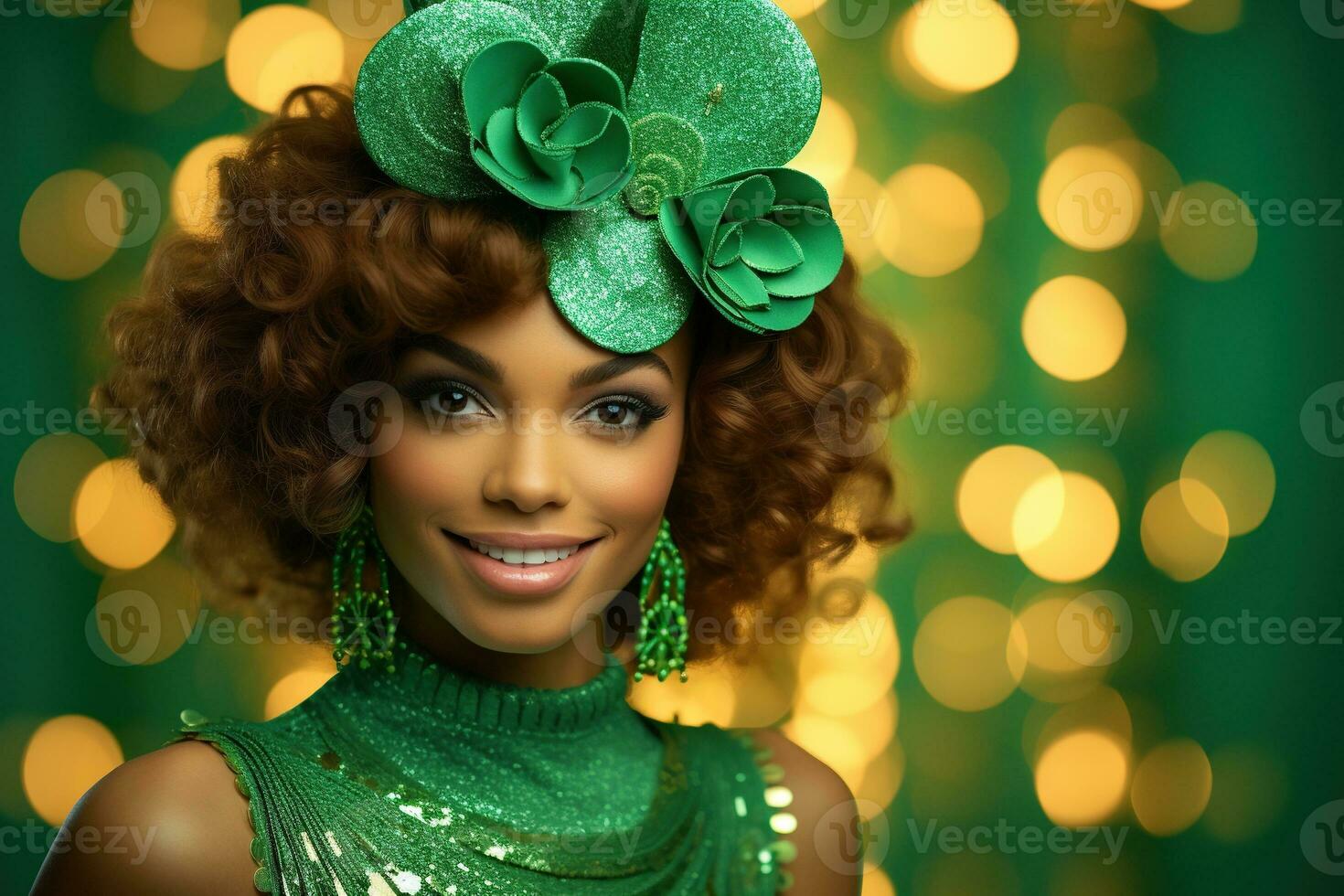 AI generated St. Patrick's Day. Portrait of a beautiful young woman wearing a leprechaun hat. photo