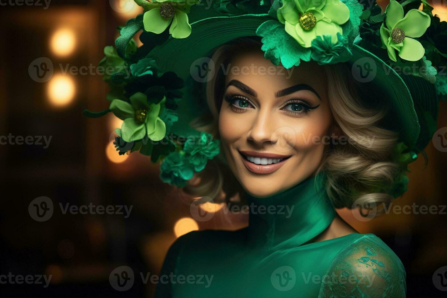 AI generated St. Patrick's Day. Portrait of a beautiful young woman wearing a leprechaun hat. photo