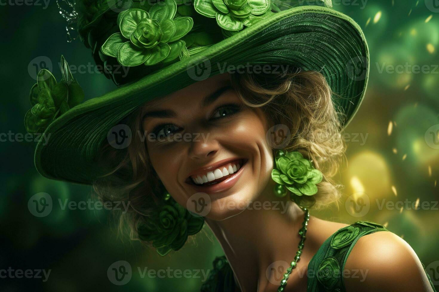 AI generated St. Patrick's Day. Portrait of a beautiful young woman wearing a leprechaun hat. photo